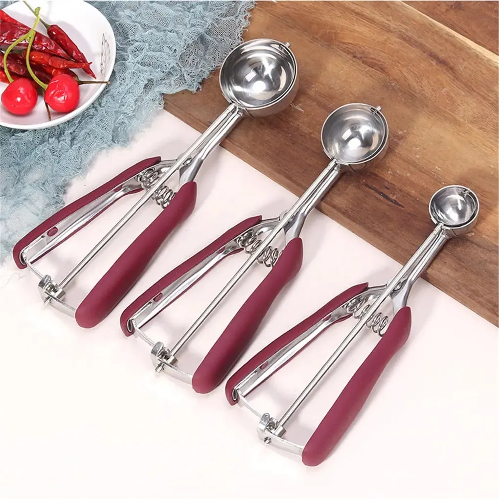 Ice Cream Scoop Stainless Steel Cookie Dough Spoon Fruit Potato Watermelon Digging Ball Spring Handle Scoop Kitchen Accessories — image 2