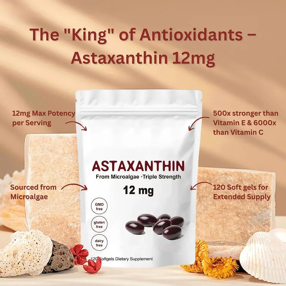 Triple Strength Astaxanthin 12มก. - อาหารเสริมต้านอนุมูลอิสระแอสตาแซนธินจากธรรมชาติที่ผ่านการตรวจสอบแล้วปลอดจีเอ็มโอและปราศจากกลูเตน - 120 ซอฟท์เจล — image 1