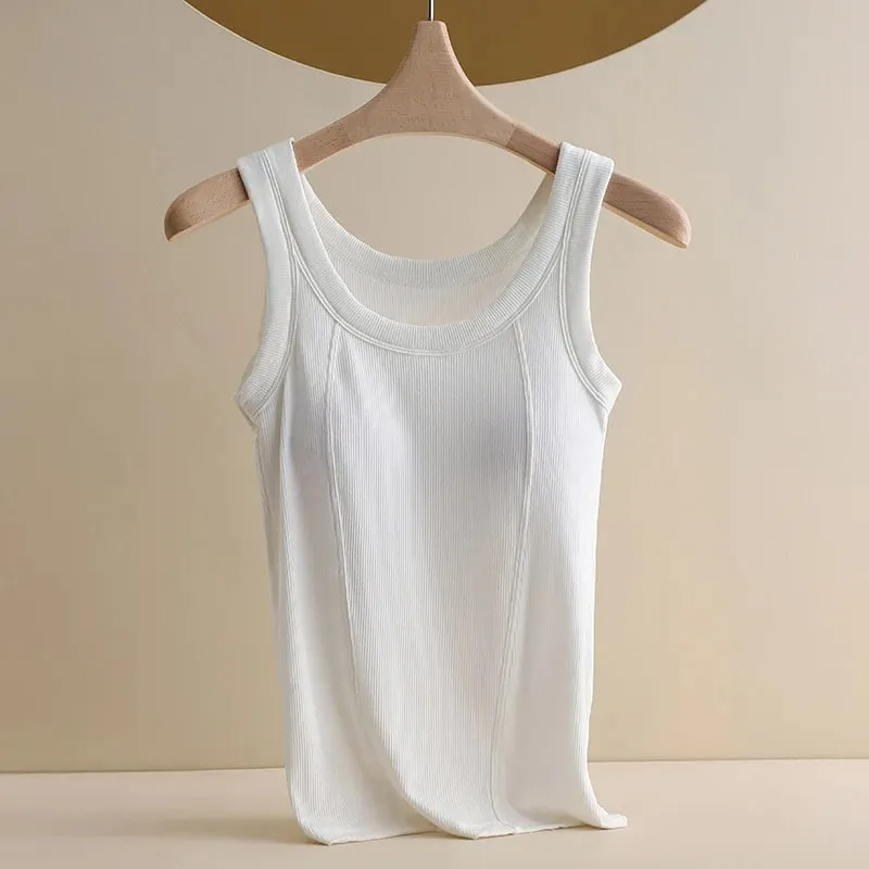 M-4XL für 45–105 kg, gefädeltes Baumwoll-Camisole-Top in Übergröße mit integriertem BH für Damen, modale, nahtlose Unterwäsche, Tank-Tops