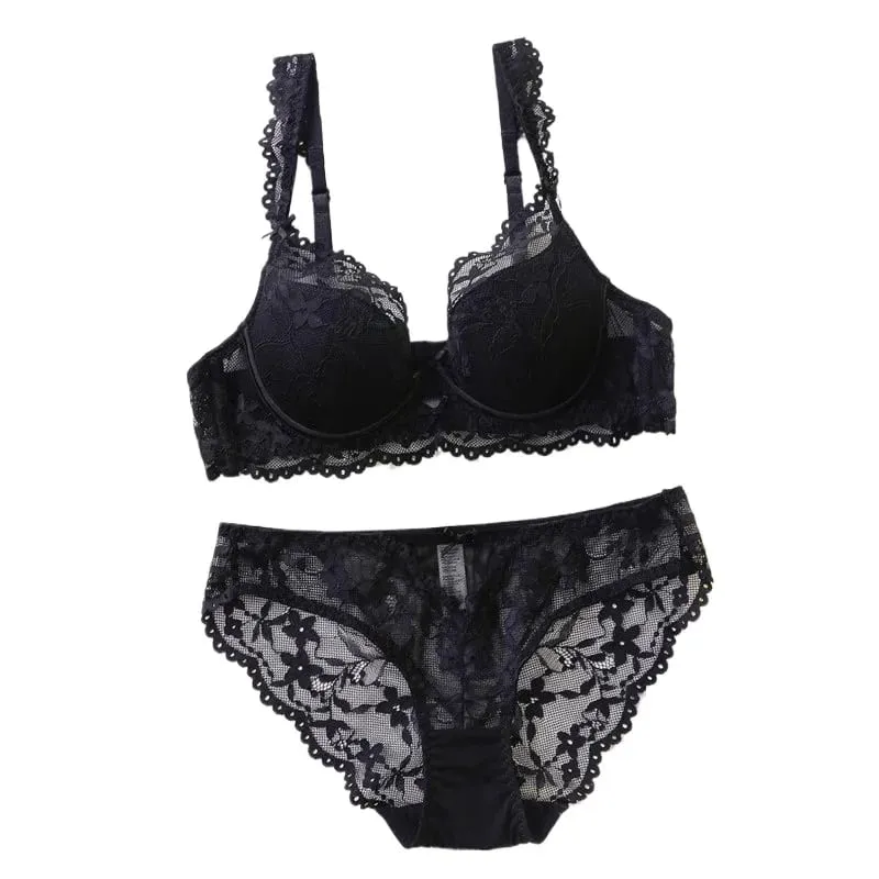 Dames zachte beugel-kant push-up bh-set Effen bloemmotief bralette Comfort vrouwelijke lingerieset Geschikt voor A/B/C-cup — image 2