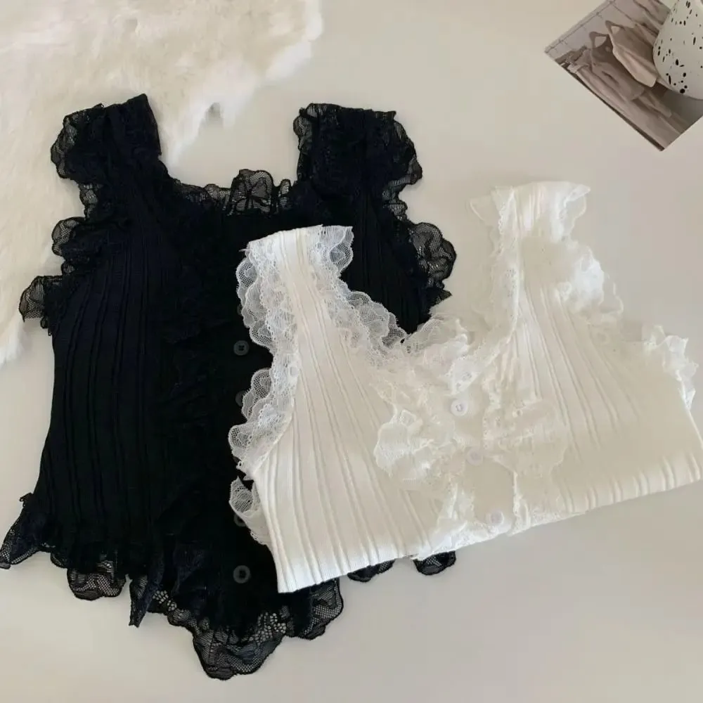 Cute Y2k Lace Knitted Crop Top Tank Korean Style Women's Knit Vest Top Undershirt Sweet Sleeveless Camisole Summer — image 5