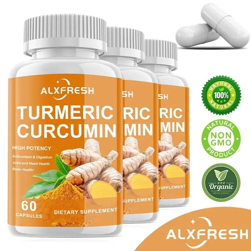Curcumin Kapslar Kraftiga antiinflammatoriska effekter Lindrar ledsvullnad Stelhet Långsamt åldrande Förbättra humör Främja matsmältningen — image 1