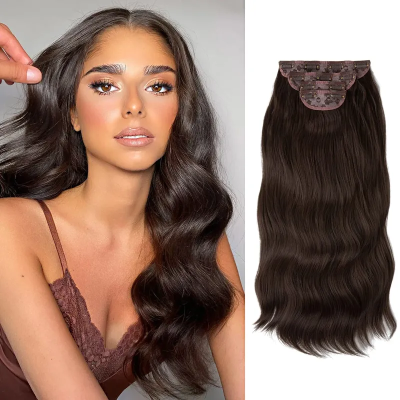 สังเคราะห์ยาวหยักคลิปในส่วนขยายของผม 22 "4 ชิ้น/เซ็ตหนา Hairpiece สำหรับผู้หญิงสีบลอนด์สีน้ำตาลสีดำธรรมชาติผมปลอม — image 12