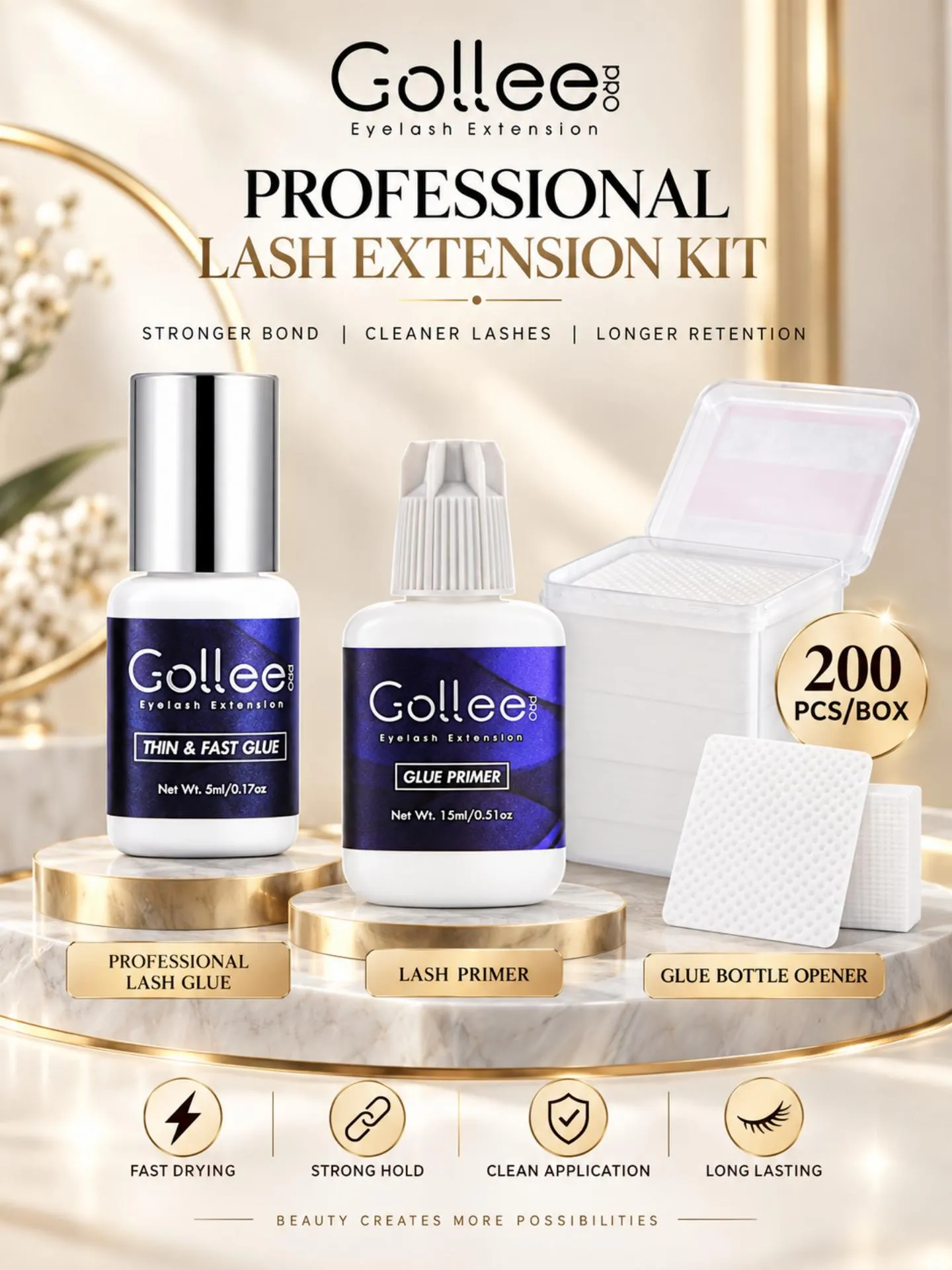 Gollee Wimpernverlängerungs-Kleber-Set, Wimpern-Primer, 3-in-1, dünn, schnell trocknend, 5 ml Kleber, 15 ml Primer, 200 Tücher, Lash Tech Salon-Set — image 1