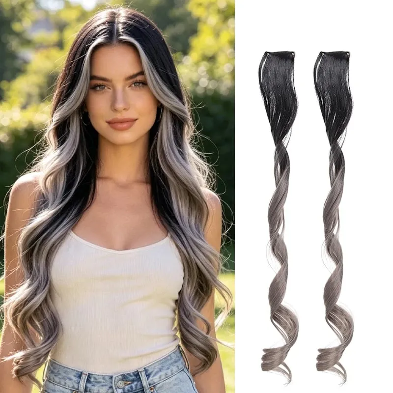 Farbverlaufswellen-Clip-in-Haarverlängerungen, 2 Stück, synthetische Faserfarbe – blockiertes Quastenohr – seitliche Färbung für tägliches Party-Cosplay — image 10