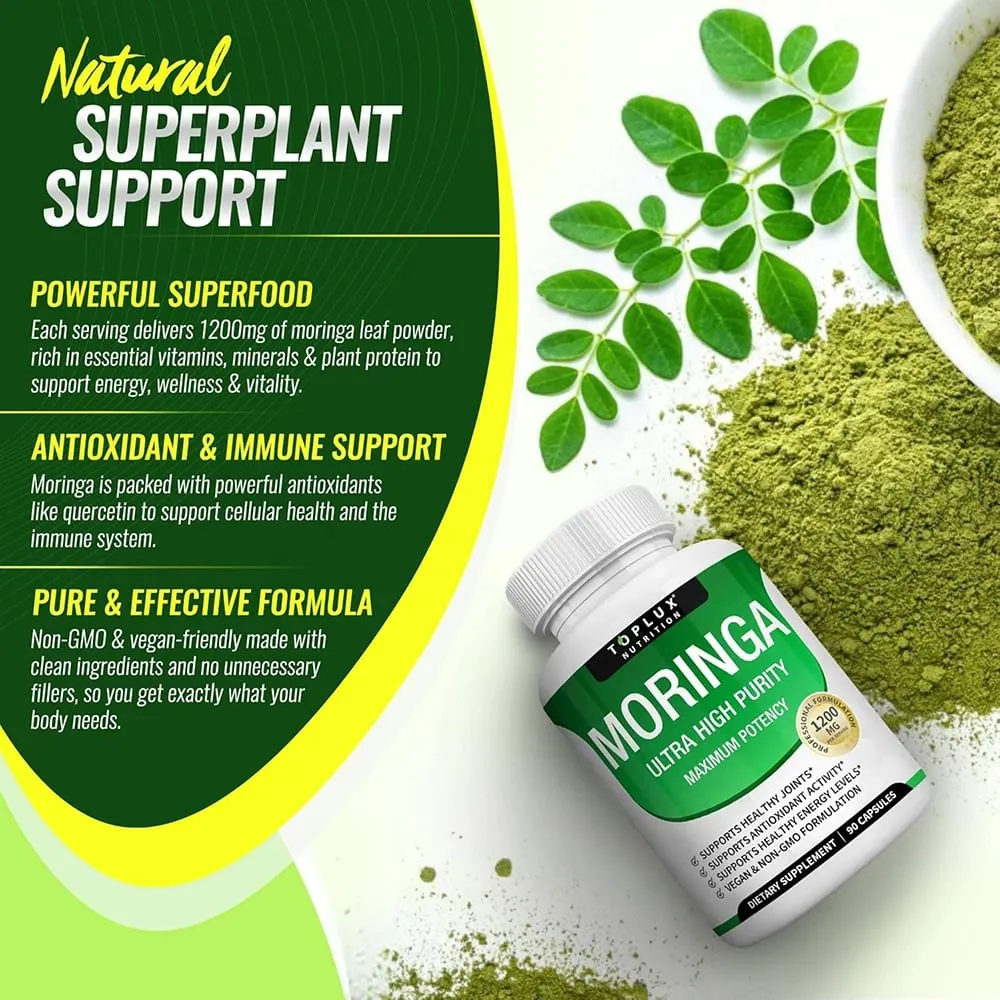 Moringa Capsules 1200mg - Pure Moringa Powder Oleifera Leaf Superfood Rich in Antioxidant Skin Health & Immune Support Vegan — image 4