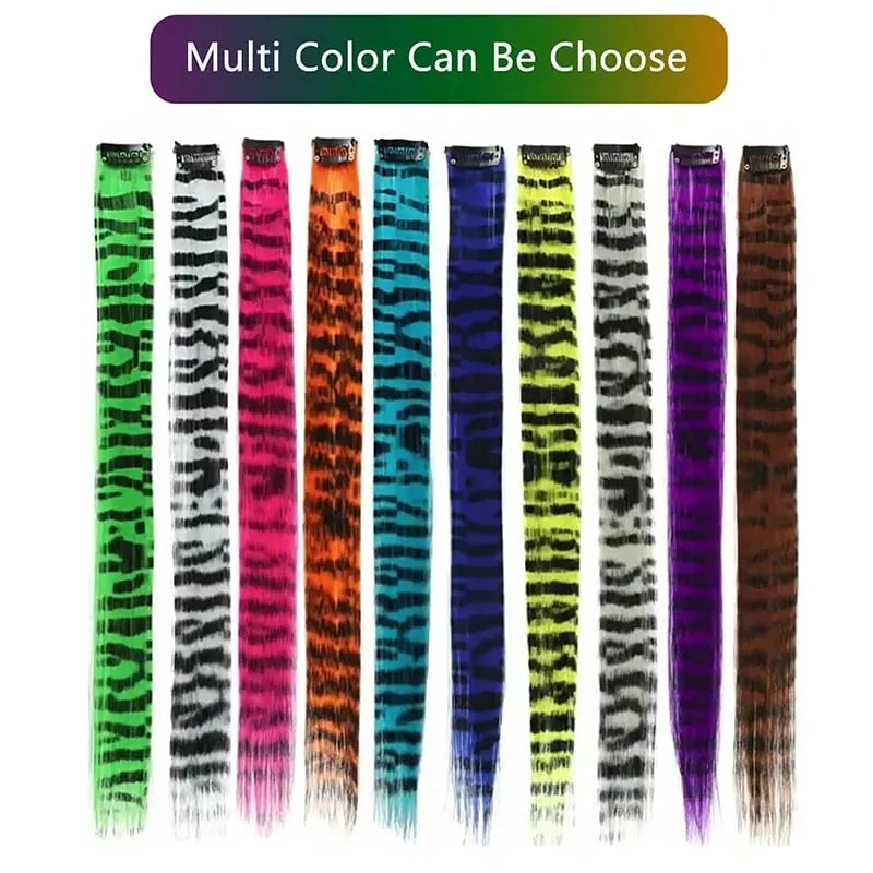 3 pezzi estensioni dei capelli con stampa leopardata striscia sintetica pezzo di capelli stampato clip lunga e dritta colorata nei capelli per le donne ragazze festa — image 7