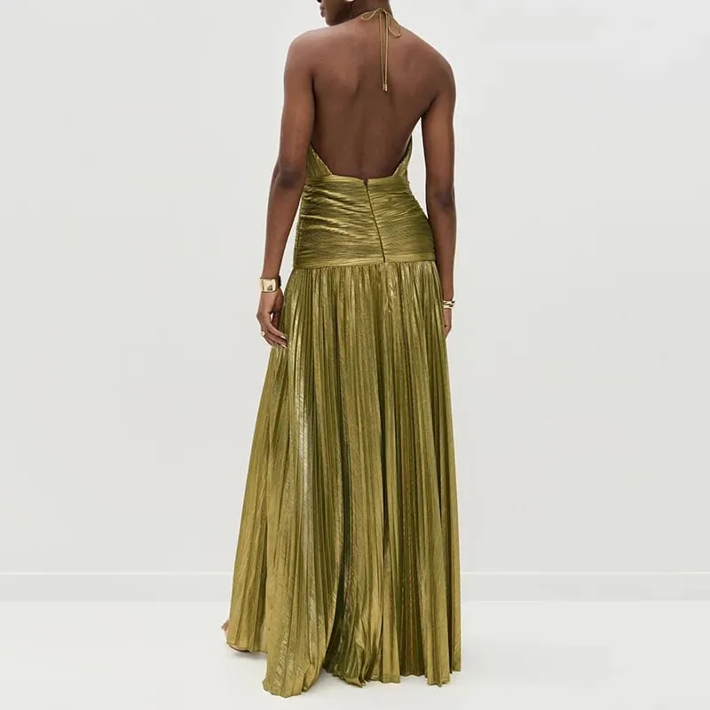 Gold Sexy Halter High Split Gowns Evening Dress Woman Chic Solid Hollow Pleated Long Dress Spring Summer Backless Zip Maxi Dress — image 3