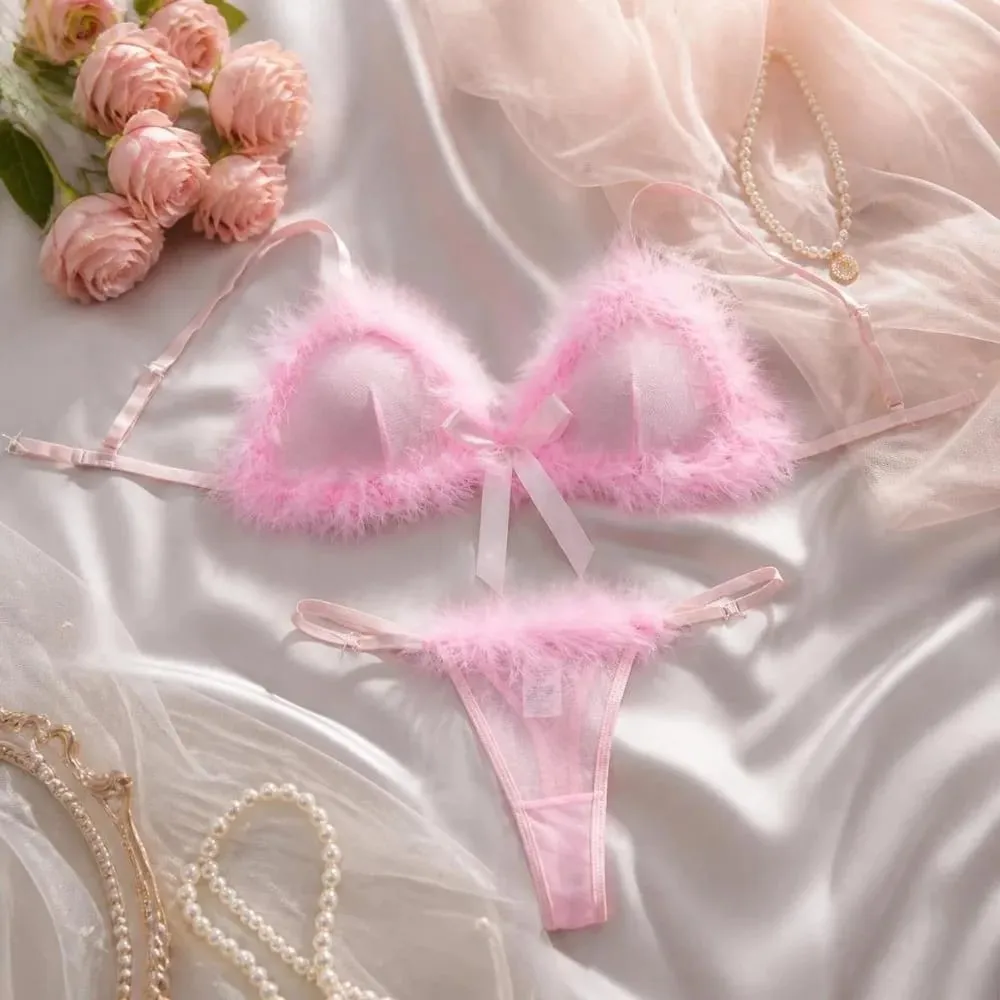 Sous-vêtements en fourrure pour femmes, ensemble de Lingerie transparente en maille sans fil, décor de nœud, soutien-gorge intime romantique, culotte, costume pour la saint-valentin — image 2