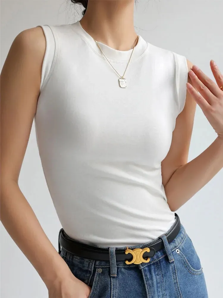 Kamisol Vest untuk Wanita Kapas Leher Bulat Berwarna-warni Asas Berbaju Dalam Tanpa Lengan Atasan Tee dengan Liputan untuk Belahan Sisi — image 11