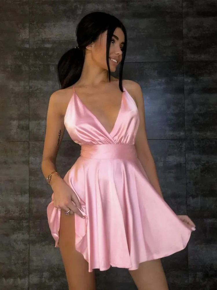 Été Sexy années 2000 européenne et américaine couleur unie col en v nœud High Street style Vintage emo sangle robe sangle a-ligne courte Dres — image 2
