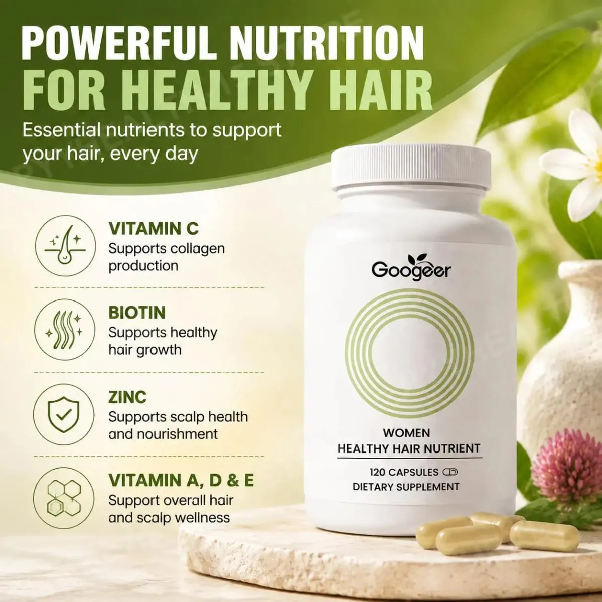 Women Hair Growth Support Capsules with Biotin Zinc Selenium Vitamins A C D3 E for Stronger Healthy Looking Hair 120 Capsules — image 5