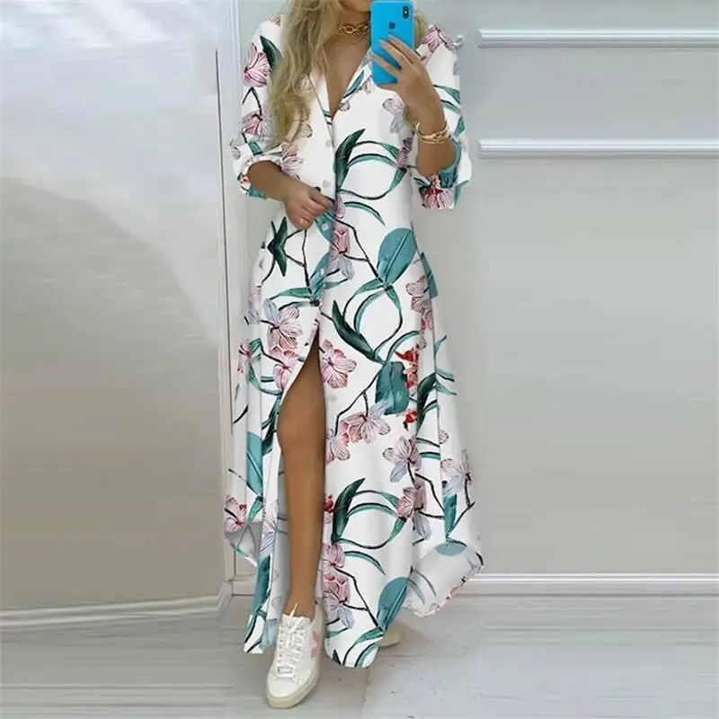 Summer Women Boho Printed Long Shirts Elegant Dress Turn-down Collar Long Sleeve Female Casual Split Shirt Evening Maxi Dresses — image 9