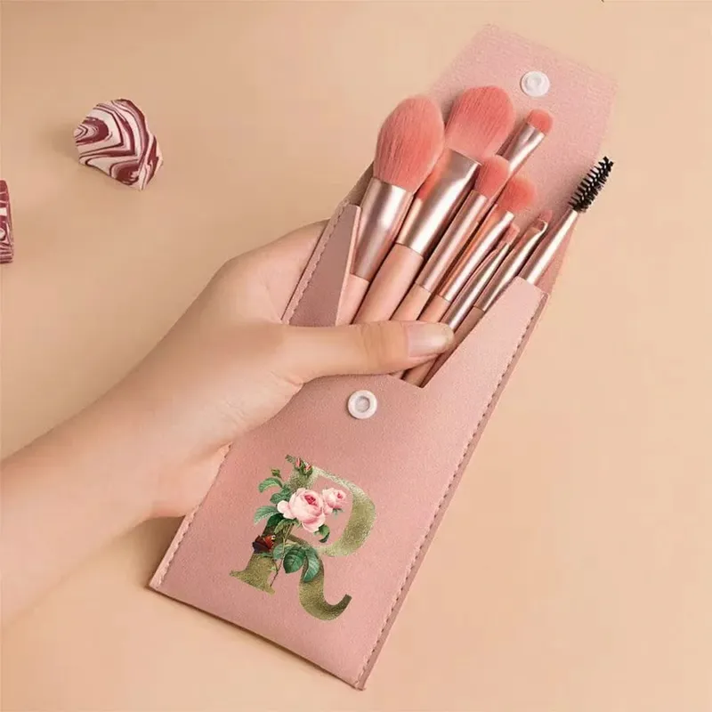 Juego de brochas de maquillaje para principiantes, brochas suaves y esponjosas para rostro y ojos con bolsa de PU, ideal para maquilladores, patrón de flores doradas — image 8
