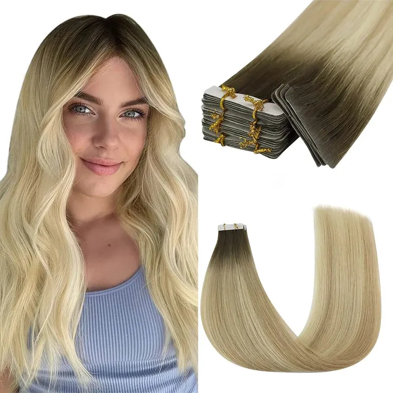 Przedłużanie włosów na taśmie wtryskowej Moresoo Popielaty blond Podkreśla dziewicze włosy Naturalna prosta brazylijska taśma w przedłużaniu ludzkich włosów — image 16
