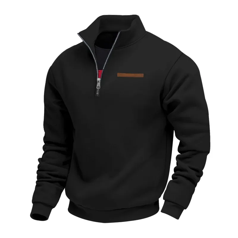 Men's Quarter Zip Sweatshirt Stand Collar Long Sleeve Pullover Casual Fleece Warm Sweatshirt With Chest Decorative Stripe — image 1