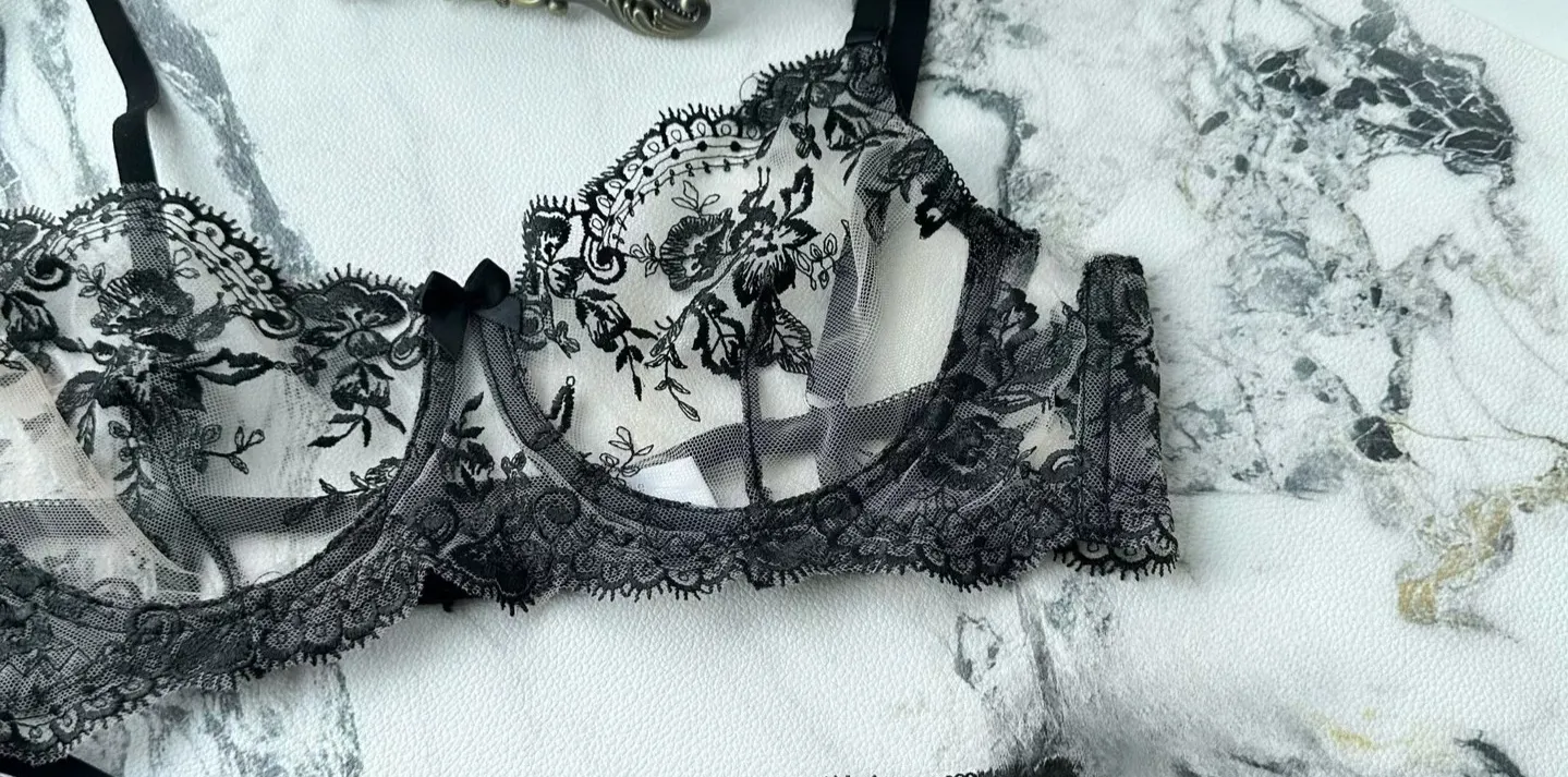 Französischer Stil Mesh-Stickerei-Spitzen-BH-Set mit Bügel, leicht transparenter dünner Dessous-Minimizer-BH für große Büste S-XL — image 12
