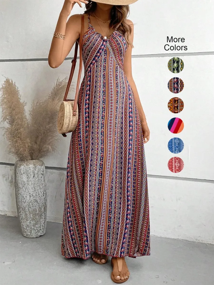 Abito estivo da donna con motivo etnico, spacco sulla coscia, abiti estivi da donna, abito lungo con volant alla moda Boho per la spiaggia — image 1