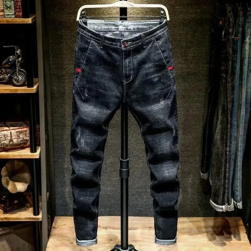 Xu Hướng Xuân Thu Màu Trơn Chân Thẳng Co Giãn Quần Jean Denim Nam Slim Fit Thoải Mái Thể Thao Quần Jean Cao Cấp — image 6