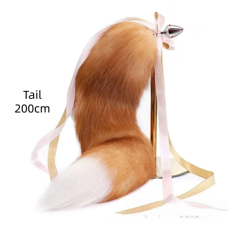 200 cm měkký anální kolík z pravé kožešiny Fox ocas s děleným designem kovový anální kolík pro ženy Cosplay Kostýmy Flirt Smyslové sexuální hračky