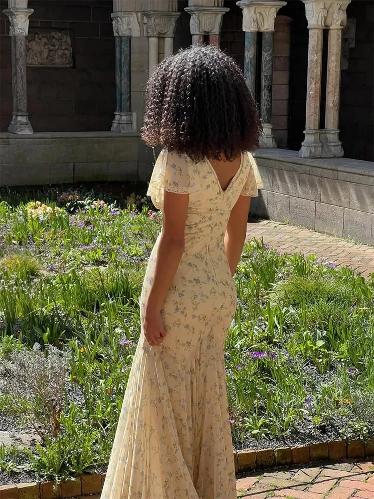 Women Floral Print Chiffon Maxi Dress Romantic Deep V-neck Flutter Sleeve High Low Lace Trim Dress 2026 Summer Elegant Lady Gown — image 5