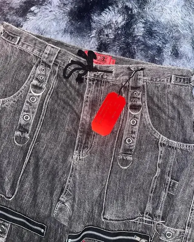Lelaki Gothic Punk Strap Denim Cargo Pants Black Multi Buckle Longgar Fit Streetwear Fesyen Bandar Bergaya Dibasuh Jeans Kasual Vintaj — image 5