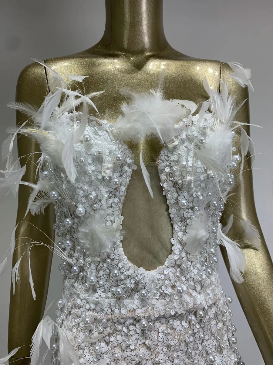Luxus Sexy Liebsten Feder Pailletten Weiße Perle Maxi Lange Frauen Kleider Kleid 2024 Elegante Party Abend Bühne Leistung Kleid — image 5