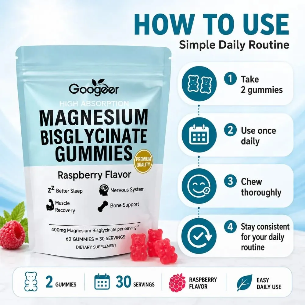 Gummies au bisglycinate de magnésium, saveur de framboise, 400 mg de magnésium, vitamine D3, Zinc, haute Absorption, 60 unités, supplément quotidien — image 5