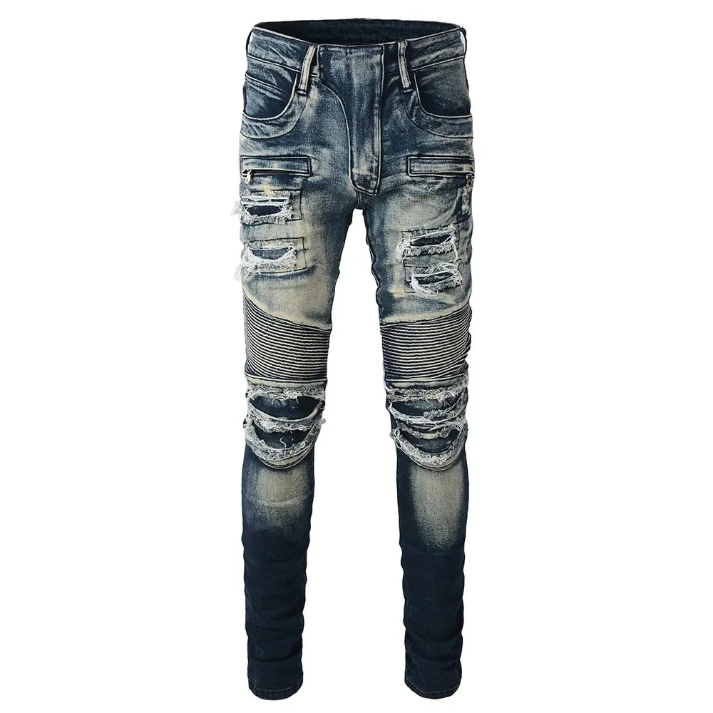 Herren-Biker-Jeans für Motorräder, Löcher, Risse, Distressed-Patch-Hose, Stretch-Denim, Baumwolle, schmale, gerade Hose, hohe Qualität — image 5