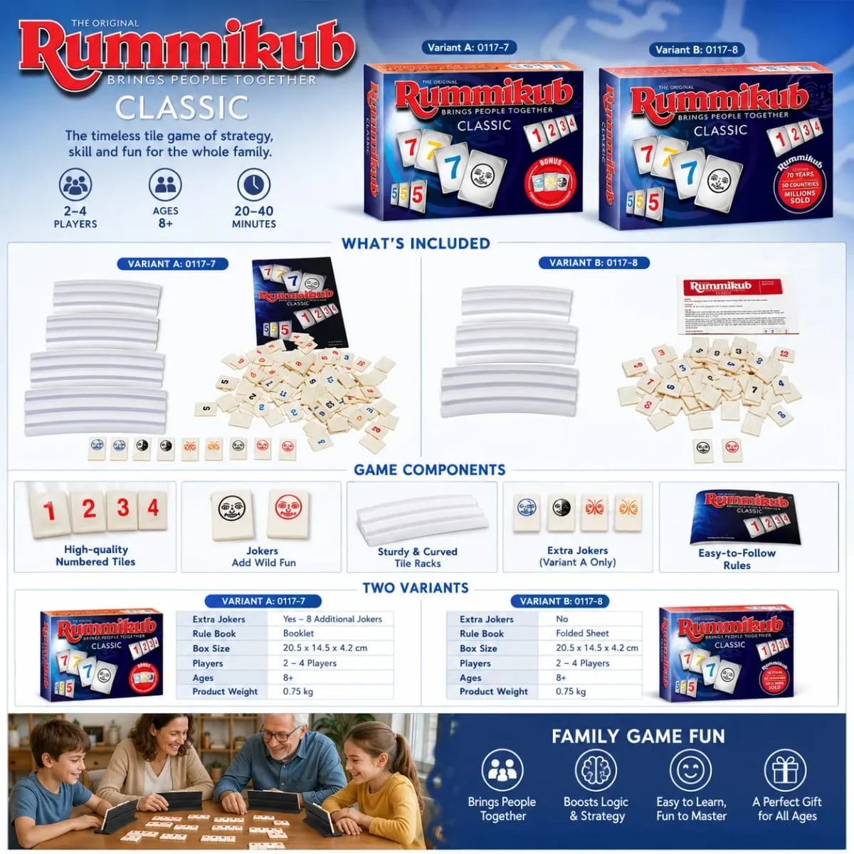 Rummikub 클래식 숫자 타일 전략 보드 게임 (랙 포함) 가족 파티 어린이 성인 영어 버전