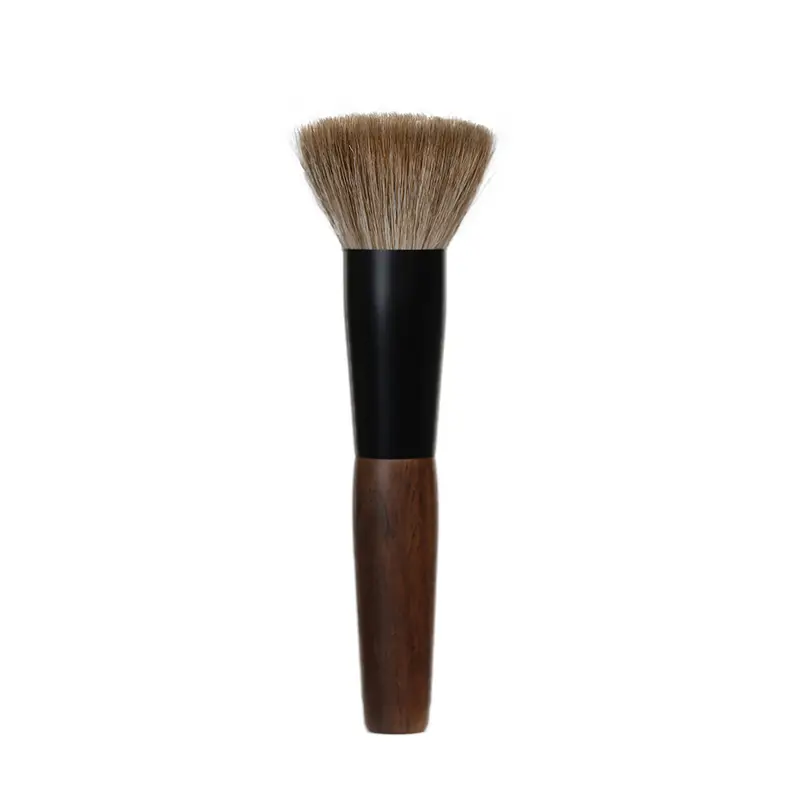 T108 Pennelli per trucco professionali fatti a mano Pennello per cipria con parte superiore piatta in pelo di capra naturale Pennello per trucco con manico in legno di ebano corto