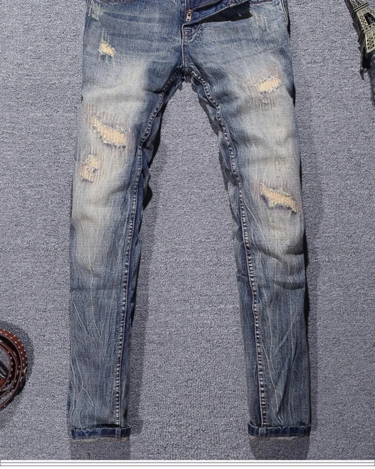 2023 Musim Bunga dan Musim Gugur Fesyen Klasik Baru Warna Pepejal Koyak Seluar Kaki Kecil Keselesaan Kasual Seluar Jeans Berkualiti Tinggi Elastik Lelaki — image 8