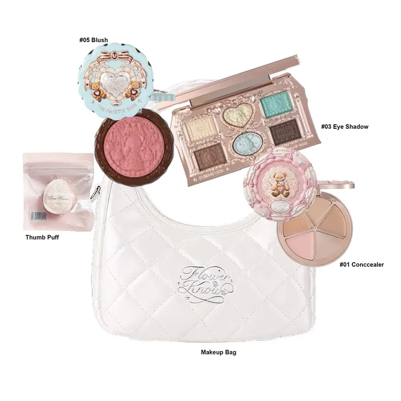 Flower Knows แต่งหน้าชุด Swan Ballet คอนซีลเลอร์ Palette นูน Blusher Shine ลิปสติกชุดพร้อมกระเป๋า THE SWEETIE BEAR Bunny Garden