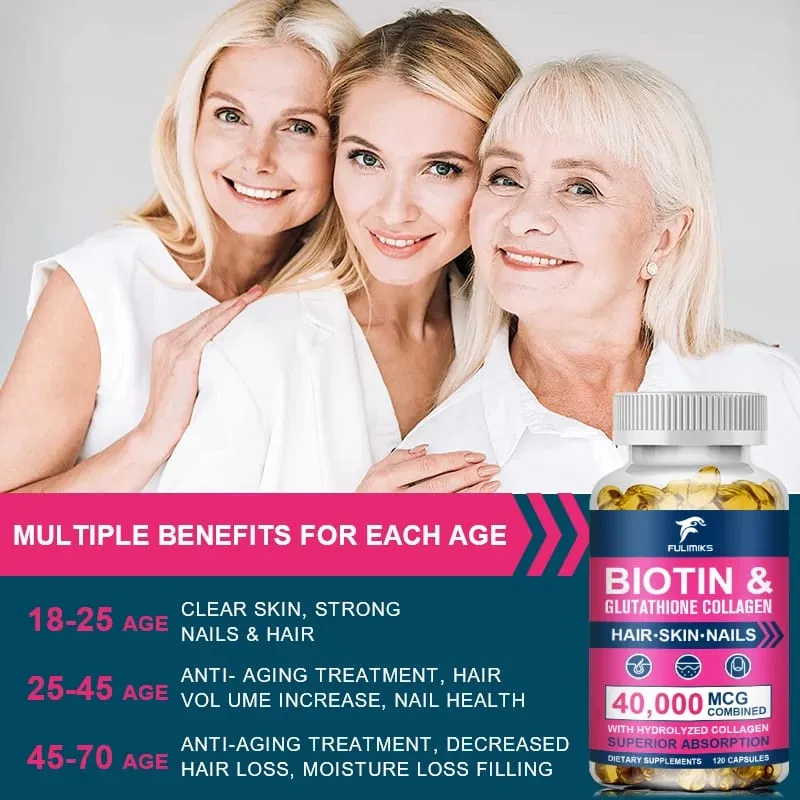Biotin 40000mcg Combined Capsules with Collagen & Glutathione Promotes Hair Skin Nail Health & Natural Beauty Vitality — image 2