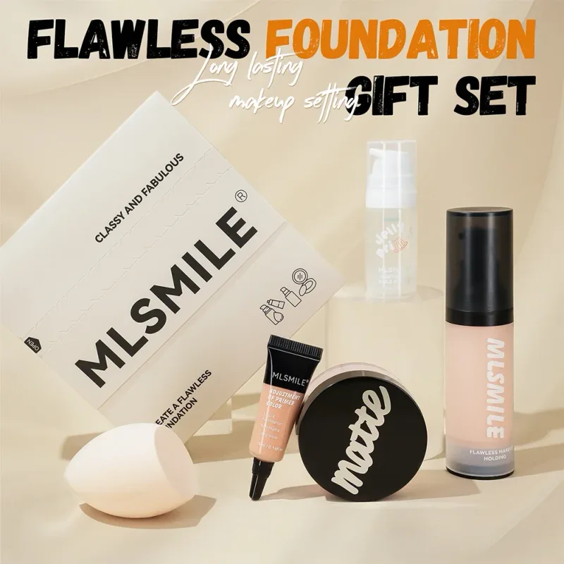Set Rias Wajah All in One Liquid Foundation Powder Primer dan Egg untuk Hasil Matte Tahan Lama