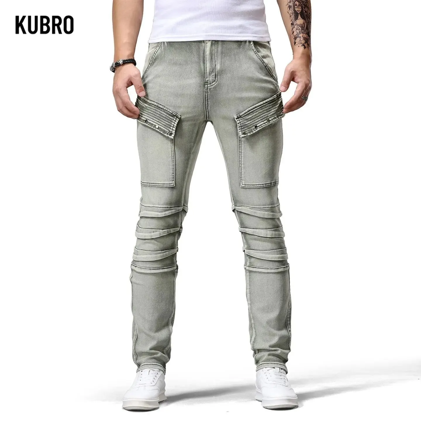 Jeans denim da moto retrò Patchwork di tendenza da uomo Pantaloni lunghi slim fit belli Pantaloni jeans a gamba dritta da bordo moda — image 2