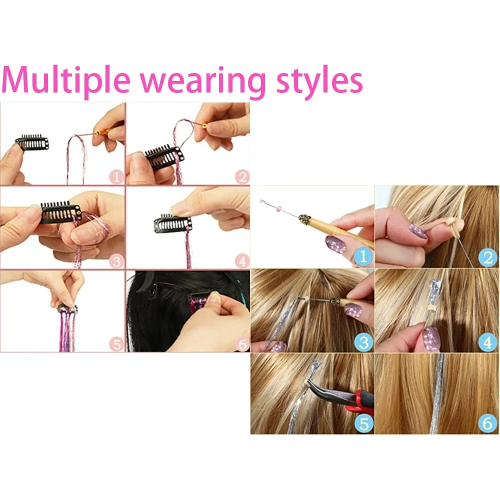 93/120cm 스파클 합성 머리 확장 반짝이 무지개 색깔의 가닥 소녀 모자를 쓰고 있죠 Hairbinge 머리 레이저 거짓 장식 — image 6