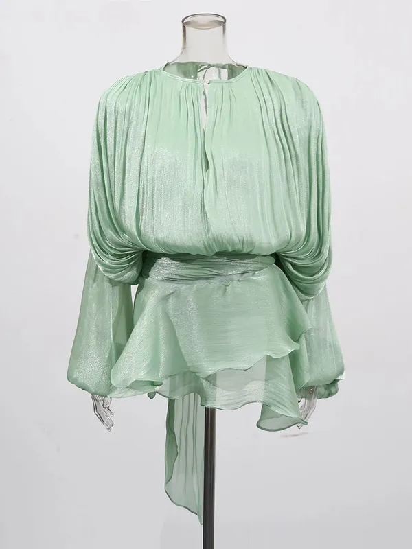 Solide Bluse Mini Kleider Für Frauen V-ausschnitt Langarm Verstärktes Spitze Up Süße Stil Kleid Weibliche Kleidung Mode — image 14