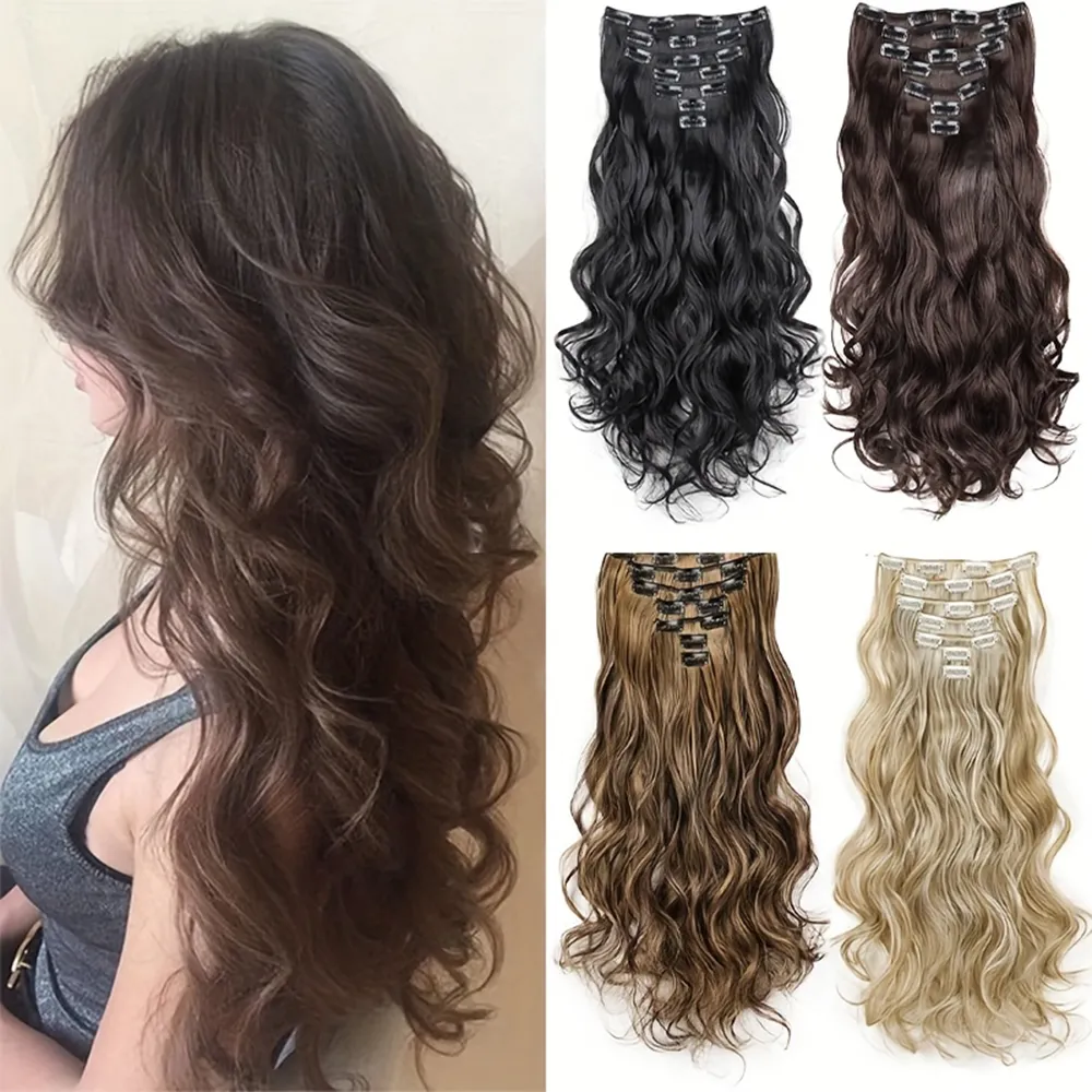 7 Clips In Hair Extensions Long Wave Hairstyle Blck 20inch Natural Synthetic Hair Daily Use Hairpiece For Women — image 1