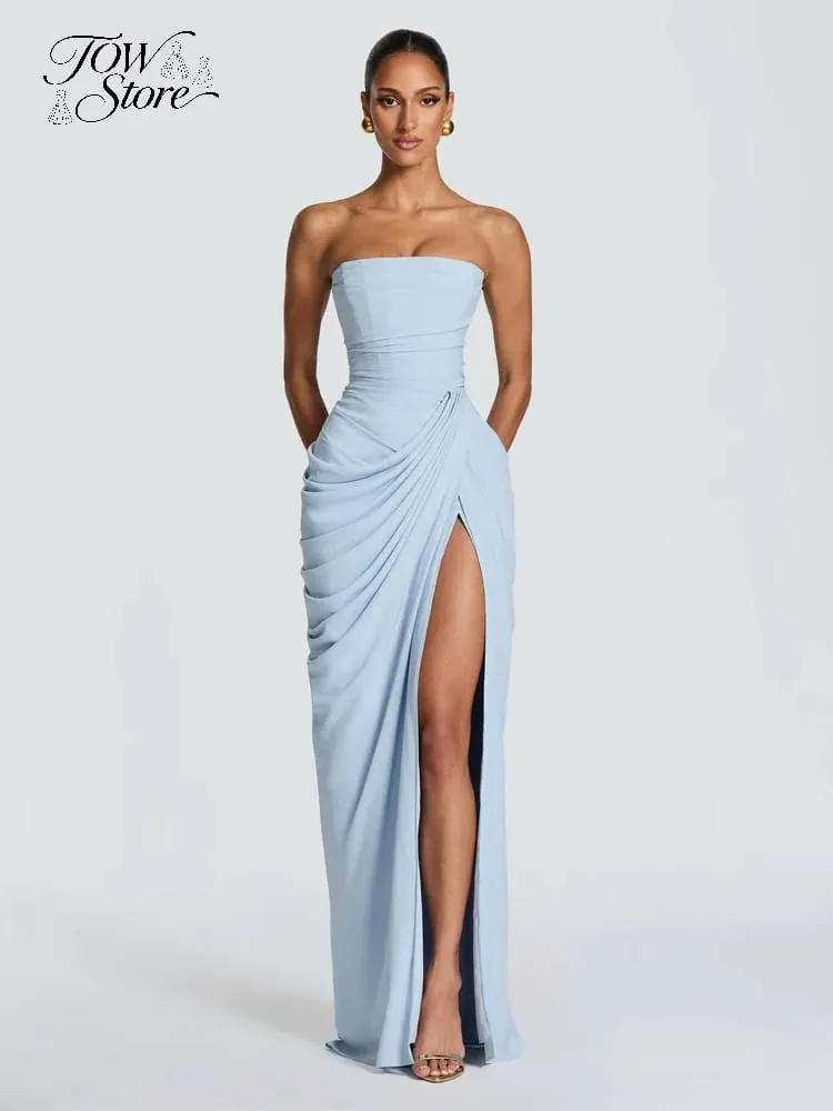 Frauen Sexy Solide Plissee Liebsten Kleid Dame Chic Off-schulter Backless Hohe Taille Split Kleider 2026 Sommer Abend Party kleid — image 1