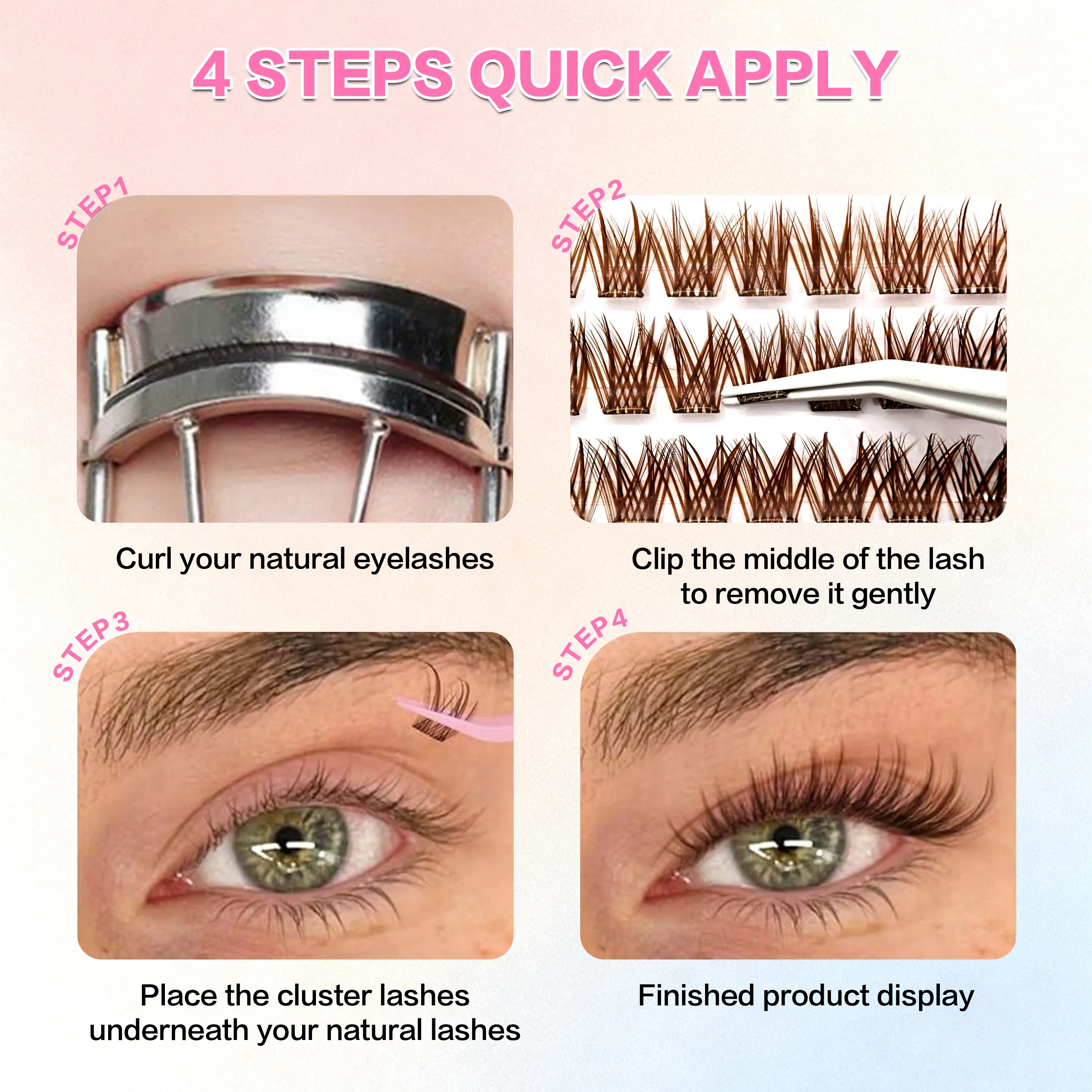 Braune Farbe, beliebte, hochwertige, selbstklebende Wimpernverlängerung, 3–4-fach, wiederverwendbar, handgefertigt, großes Fassungsvermögen, vergrößertes Doppelauge — image 6