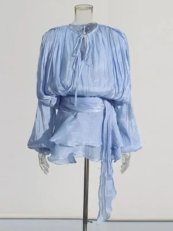 Solide Bluse Mini Kleider Für Frauen V-ausschnitt Langarm Verstärktes Spitze Up Süße Stil Kleid Weibliche Kleidung Mode — image 9
