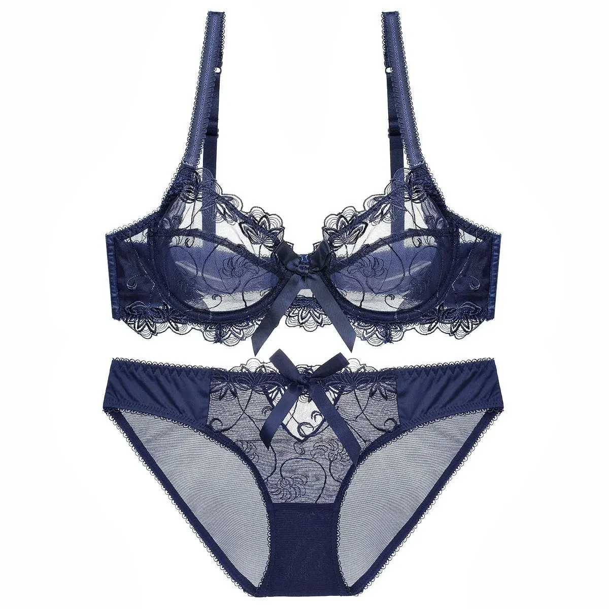 레이스 푸시 업 브래지어 세트 통기성 팬티얇은 메쉬 컵 투명 Behal 란제리 보우 자수 Flora Soutien Gorge — image 2