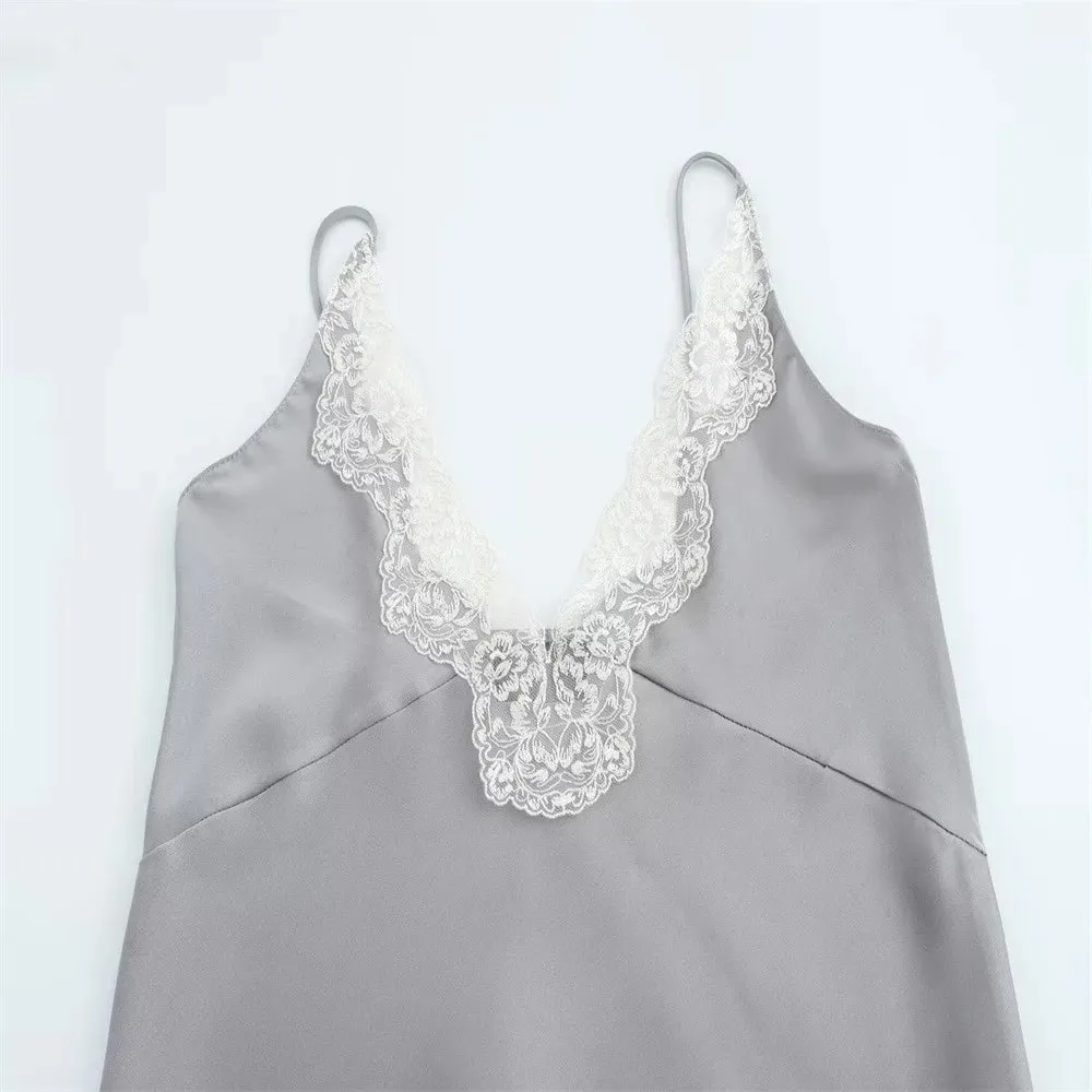 Casual Enfärgad spets Patchwork Tankar Spaghetti Rem Andas Satin Camisole Ärmlösa V-ringad Toppar Party Outfit — image 3