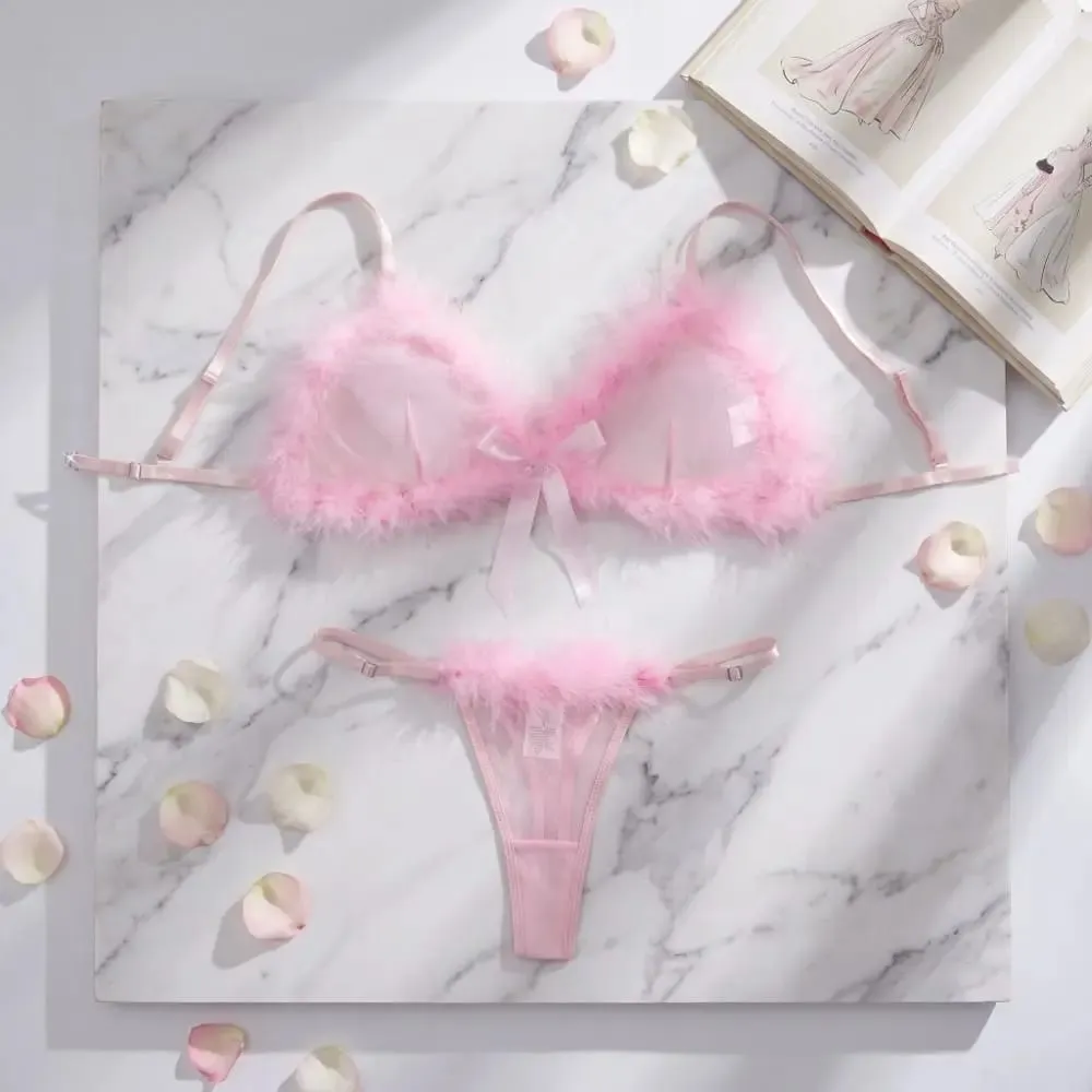 Pakaian dalam wanita berbulu Set Lingerie dekorasi pita nirkabel celana dalam Bra transparan jaring intim romantis setelan ulang tahun — image 3