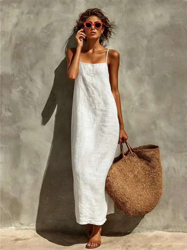 ฤดูร้อนผู้หญิงสีทึบสบายๆลื่น Sundress ทราย Beachwear แขนกุดหลวม Maxi ยาวชุดวันหยุด
