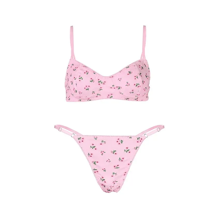 Ensemble soutien-gorge et culotte sans fil imprimé Floral pour femmes, bretelles Spaghetti, Texture douce, Bikini mignon, Lingerie, confort de sommeil quotidien, intimes — image 2