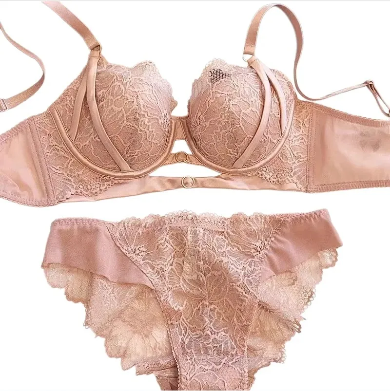 Sexy Hollow Lace Bra Set Large Breasts Gathered Comfortable Soft Steel Ring Top Support Anti-Sagging Breathable Thin Bra Set — image 1
