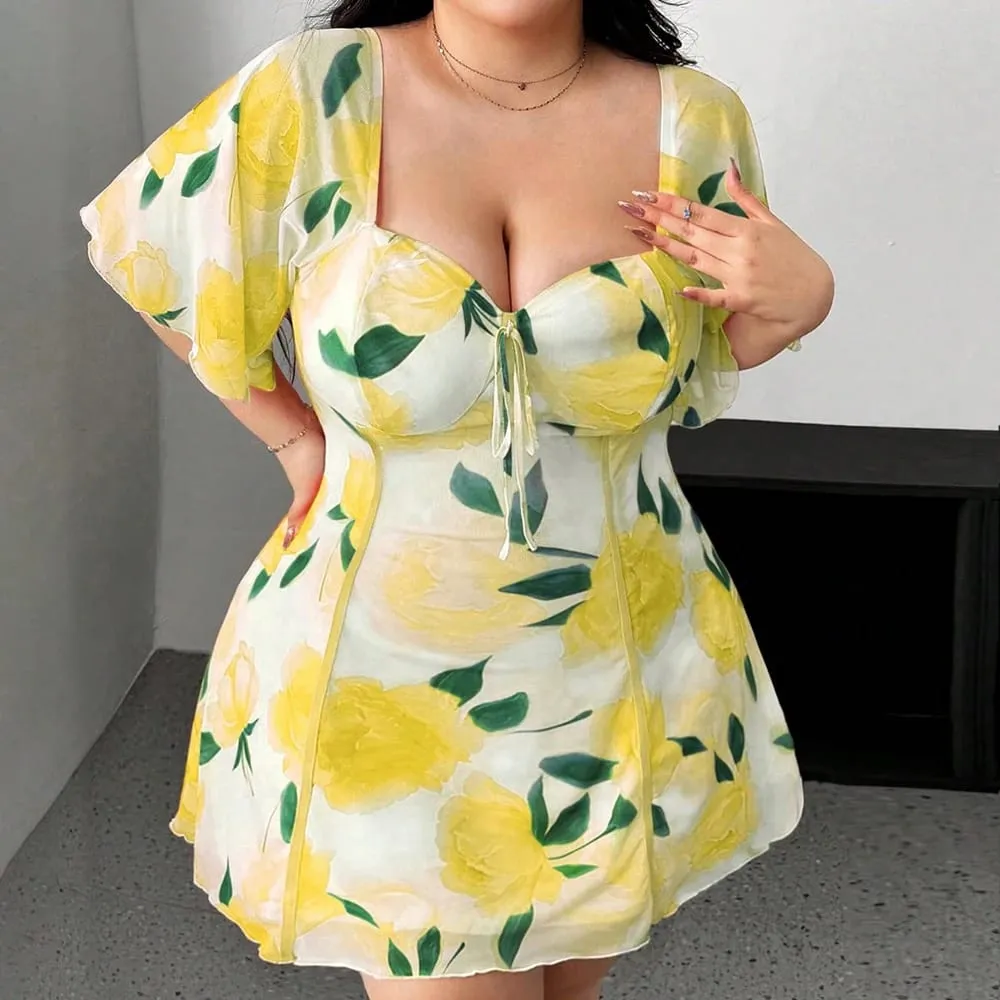 Plus Size Romantic Floral Pink Yellow Ruffle Sleeve Dress Short Sleeve V Neck Waistband Fitted Tiered — image 5