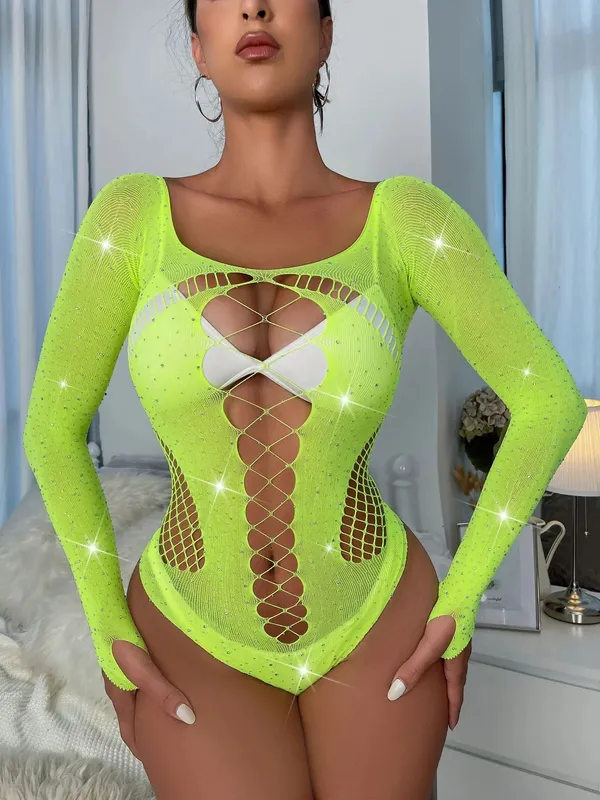 ดูผ่าน Sparkly ตาข่ายบอดี้สูทผู้หญิงแขนยาว Rhinestone Body Tops เจาะร้อนหญิงปาร์ตี้ไนท์คลับเซ็กซี่ชุดชั้นใน — image 10